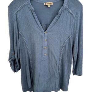 Democracy V-Neck Blue Embroided 3/4 Sleeve - L